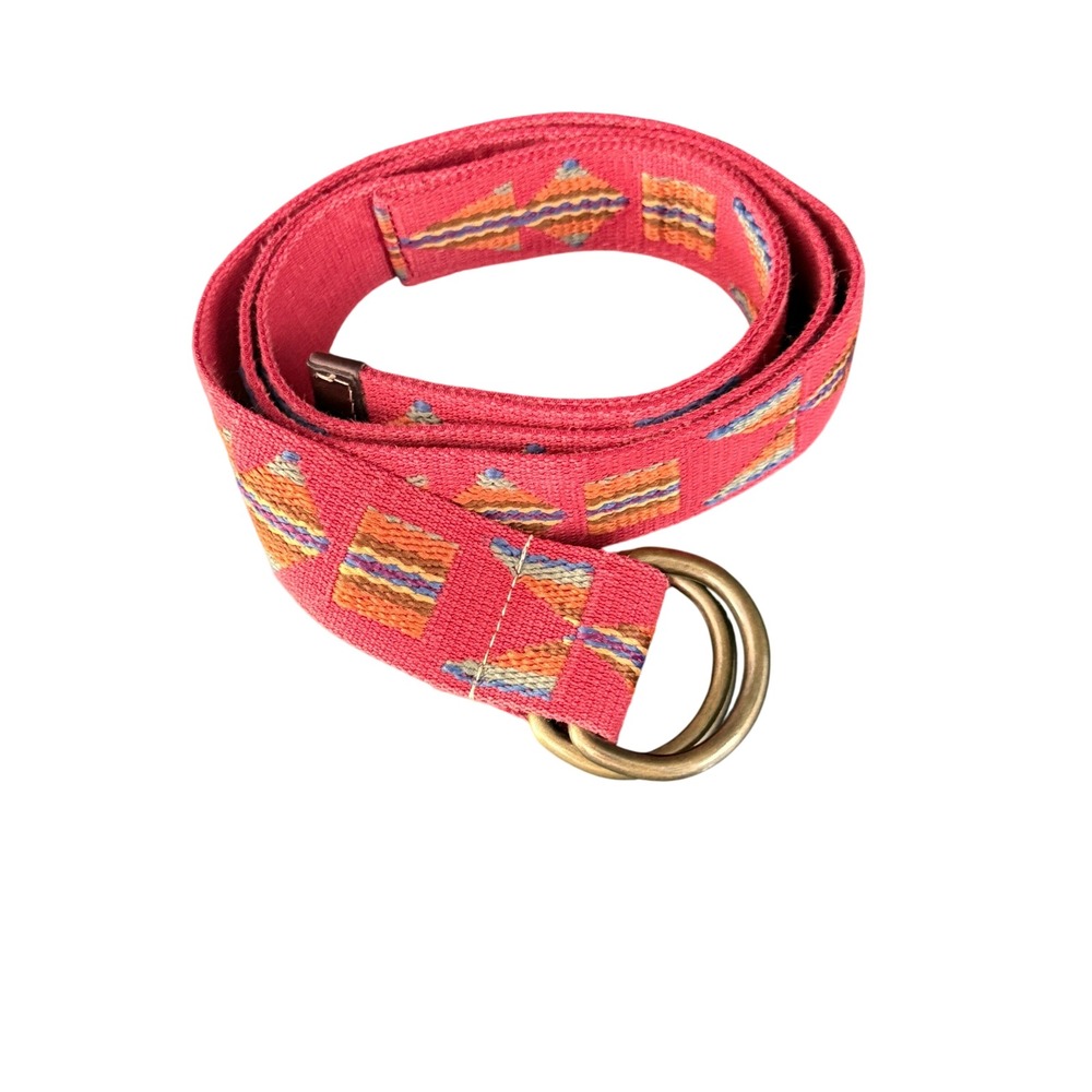 J. McLaughlin Southwestern Embroidered Red Aztec D-Ring Belt Boho Western Size L